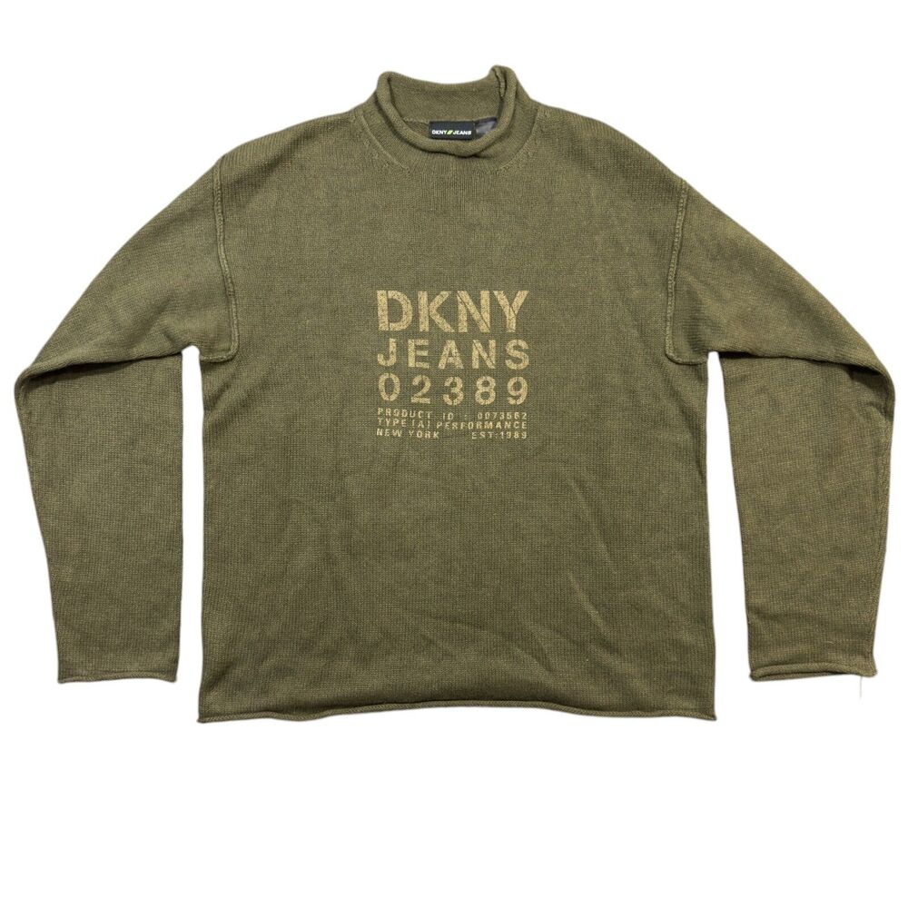 DKNY Sweater Men's XL Olive Knitted Regular Fit Long Sleeve High Neck Pullover